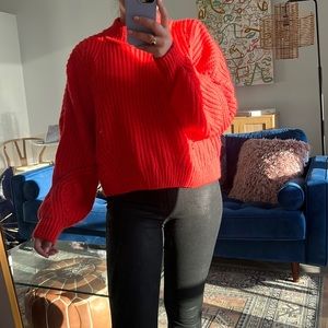 Red Knit high neck sweater with puff sleeves